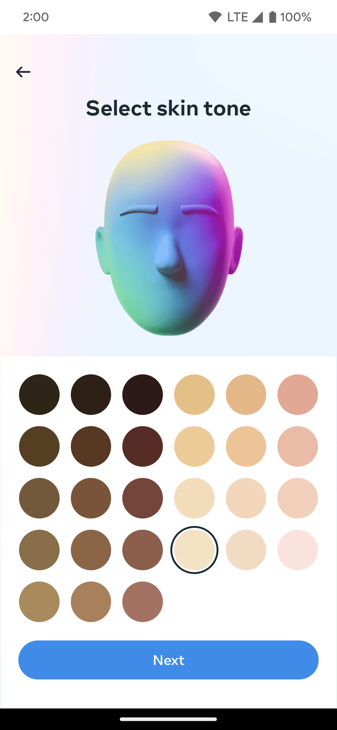 Επιλογή χρώματος τόνου δέρματος για ένα προσαρμοσμένο avatar στο Facebook.