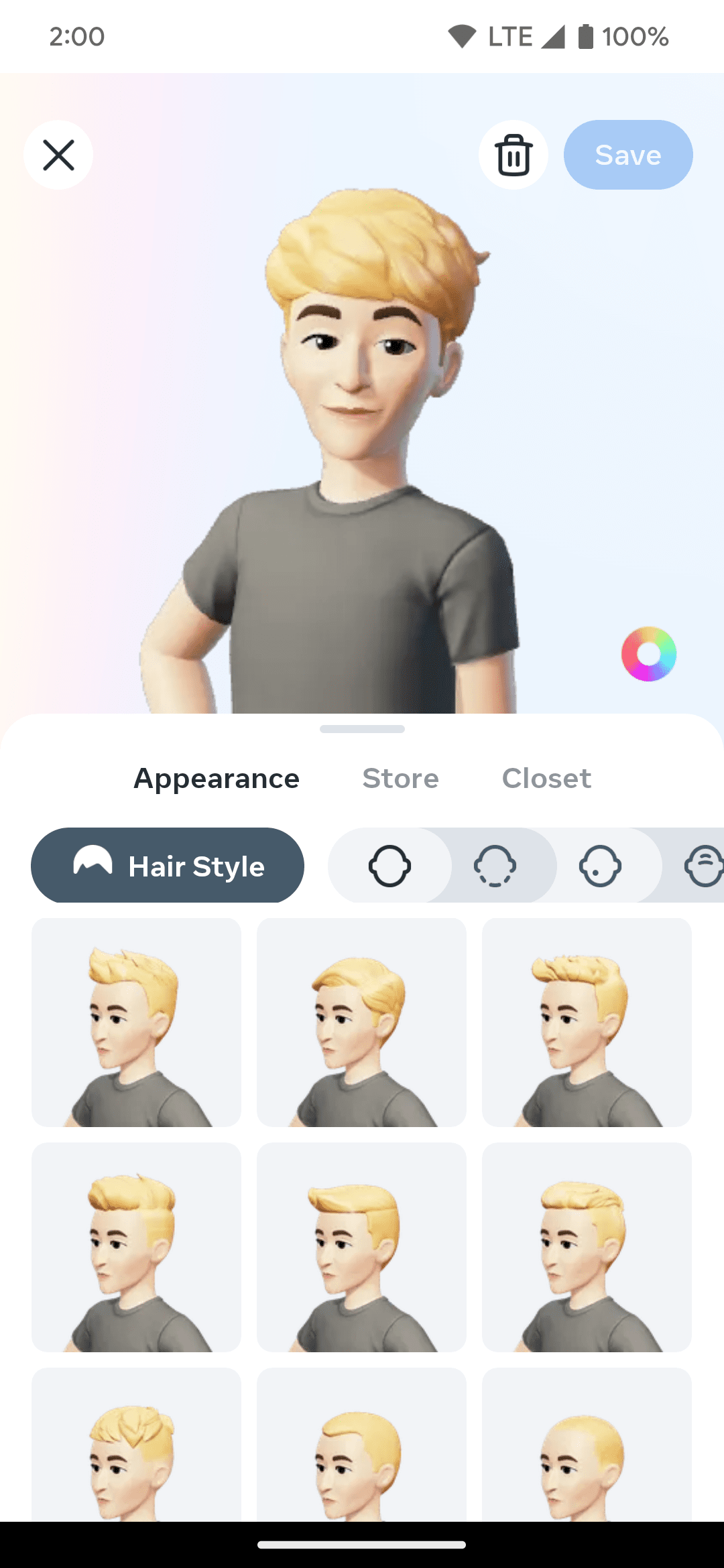 Διαφορετικές επιλογές στυλ μαλλιών κατά την επεξεργασία ενός προσαρμοσμένου avatar στο Facebook.