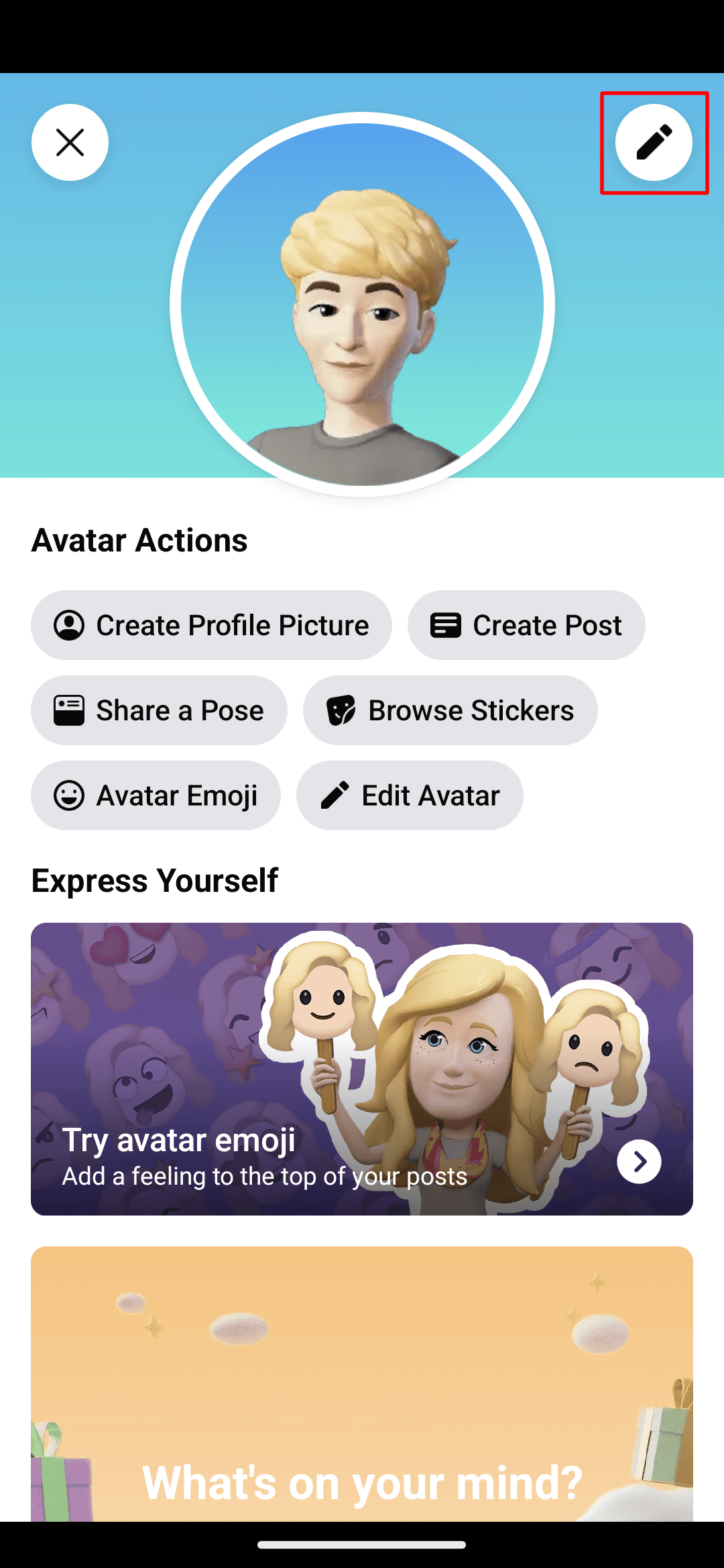 Αγγίξτε το εικονίδιο επεξεργασίας μολυβιού για να κάνετε αλλαγές σε ένα προσαρμοσμένο avatar του Facebook.