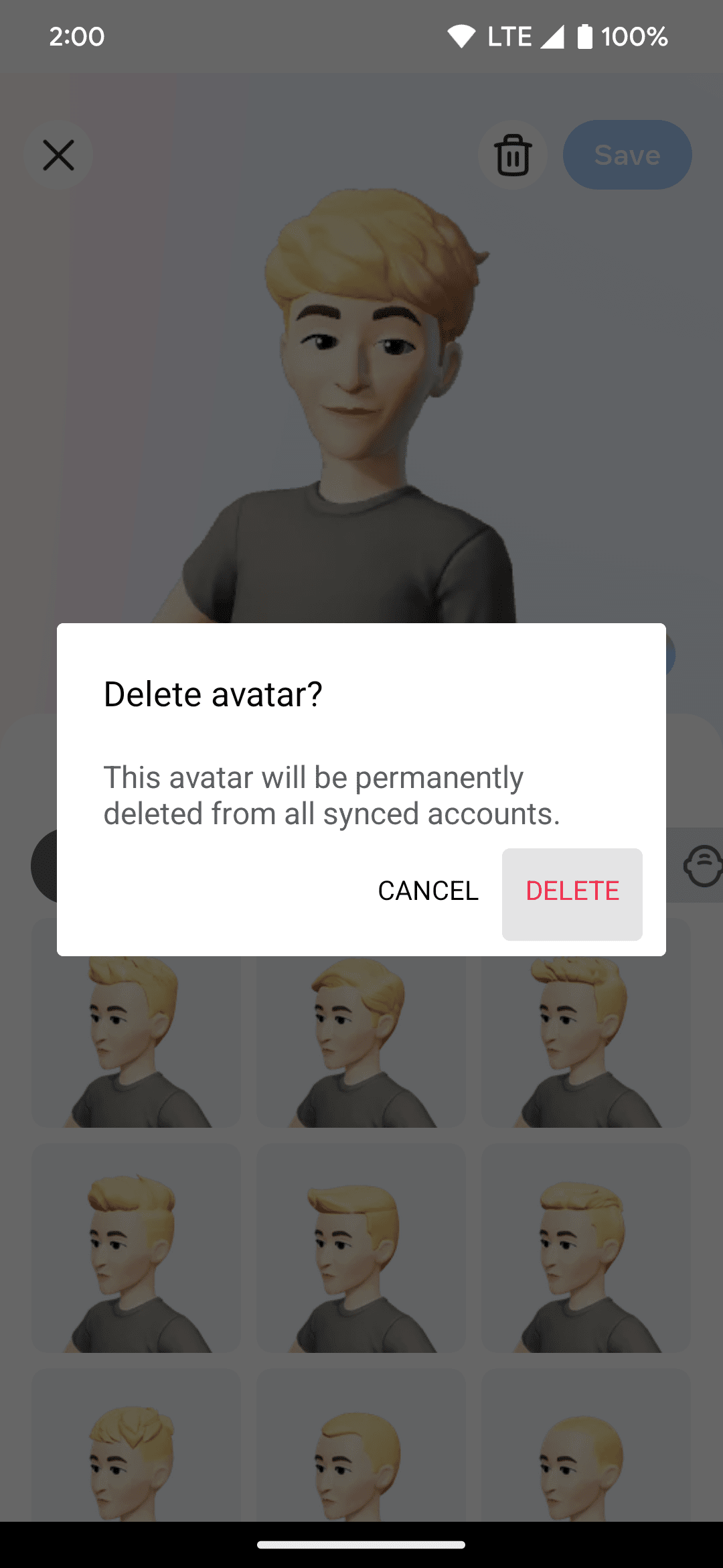 Επιλέγοντας την επιλογή Διαγραφή για να διαγράψετε οριστικά ένα προσαρμοσμένο avatar του Facebook.