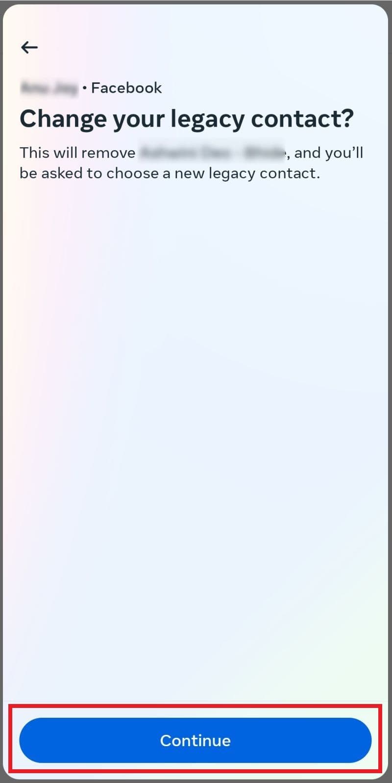 Το Facebook Αλλάξτε την οθόνη επαφών παλαιού τύπου με επιλεγμένο το κουμπί Συνέχεια