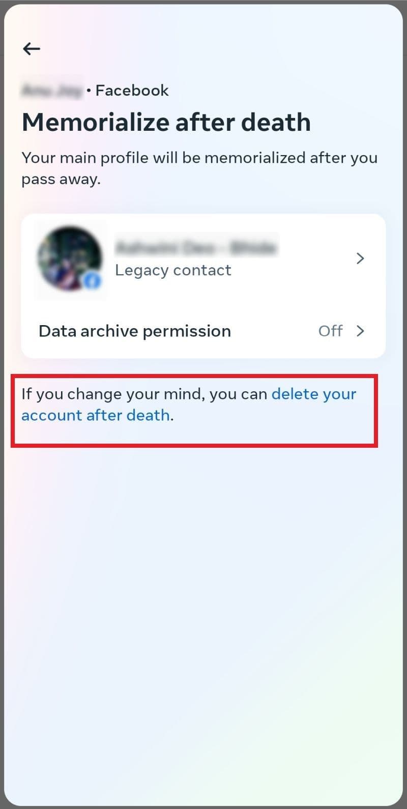 Η οθόνη Facebook Memorialize after death εμφανίζει την επιλογή διαγραφής του λογαριασμού μετά τον θάνατο