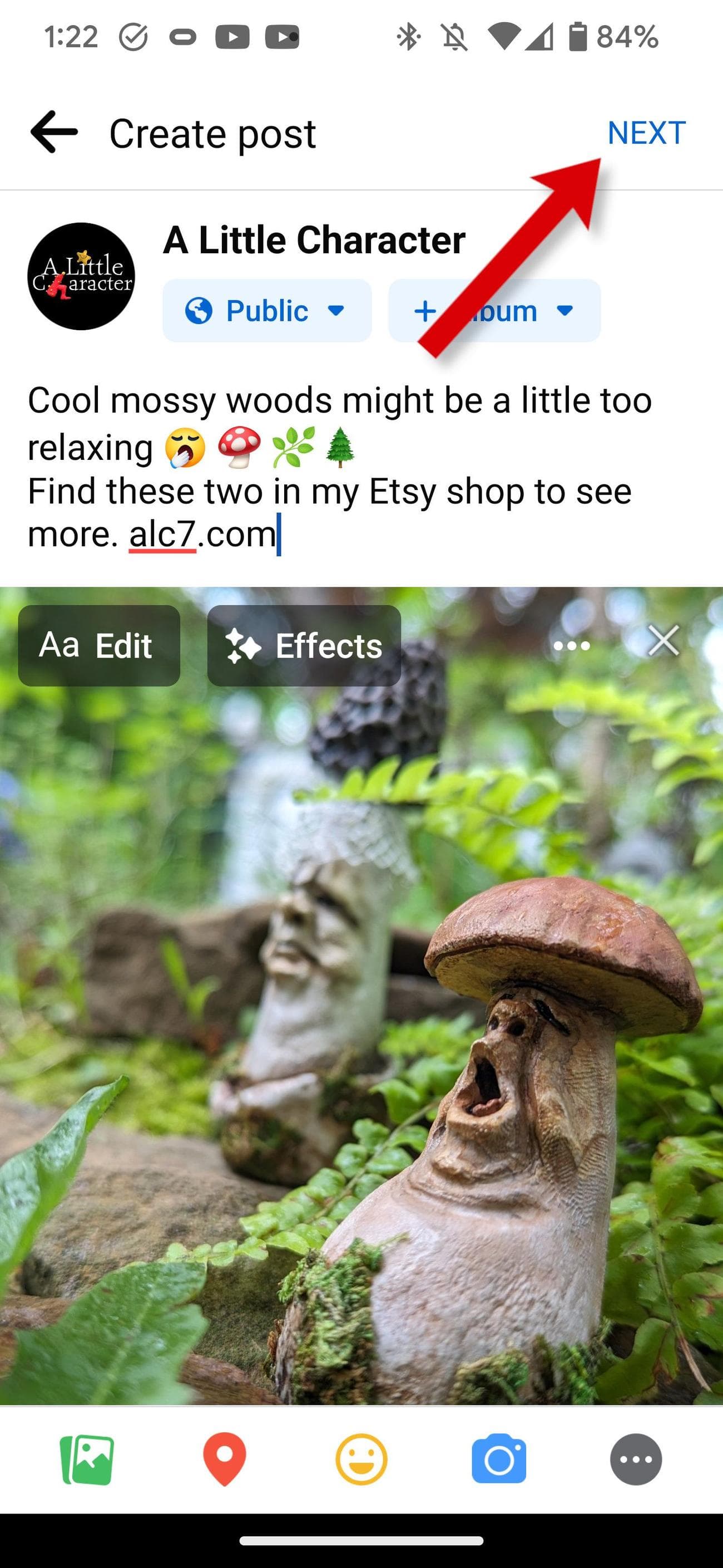 Η εφαρμογή Facebook εμφανίζει το επόμενο βήμα μετά τη συμπλήρωση μιας ανάρτησης σελίδας.