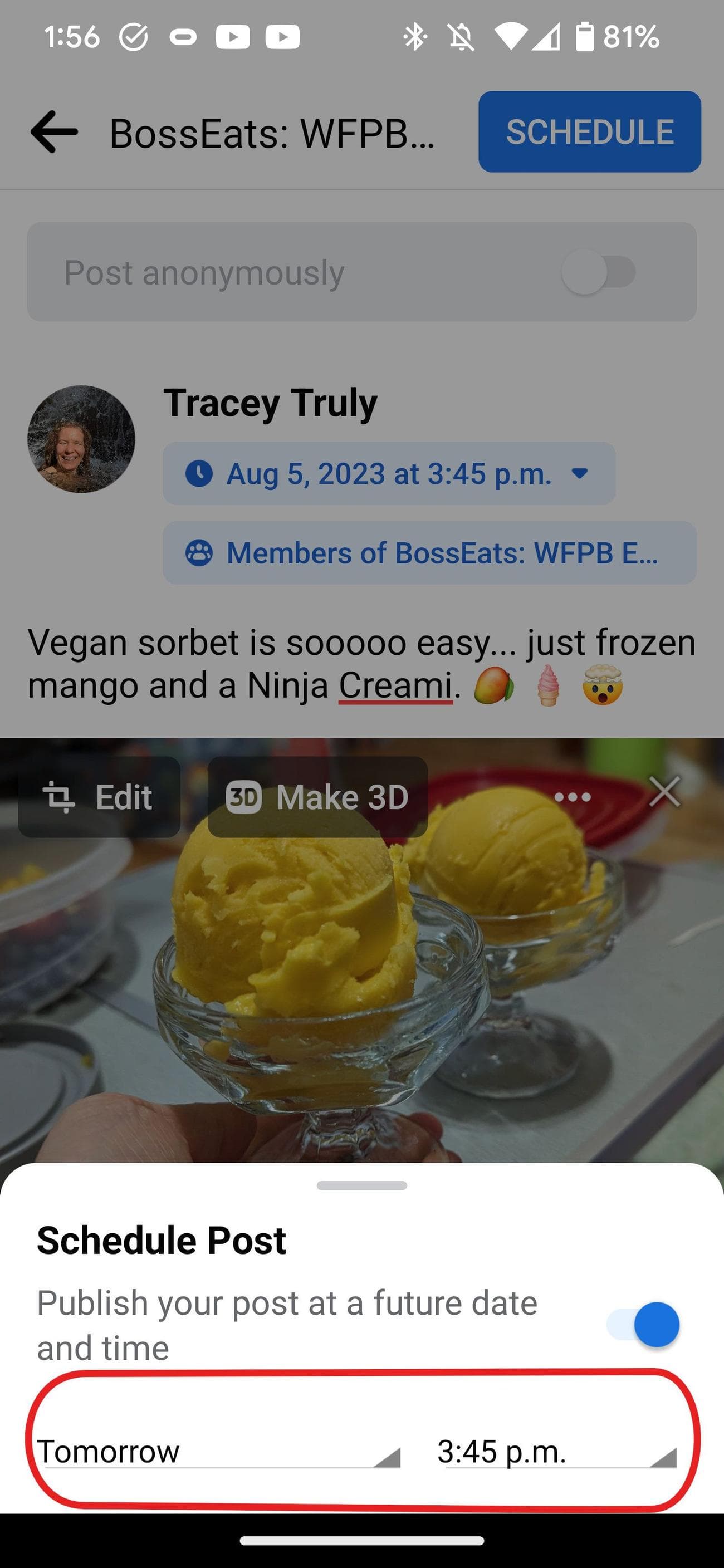 Η εφαρμογή Facebook εμφανίζει τις επιλογές ημερομηνίας και ώρας για μια ομαδική ανάρτηση.