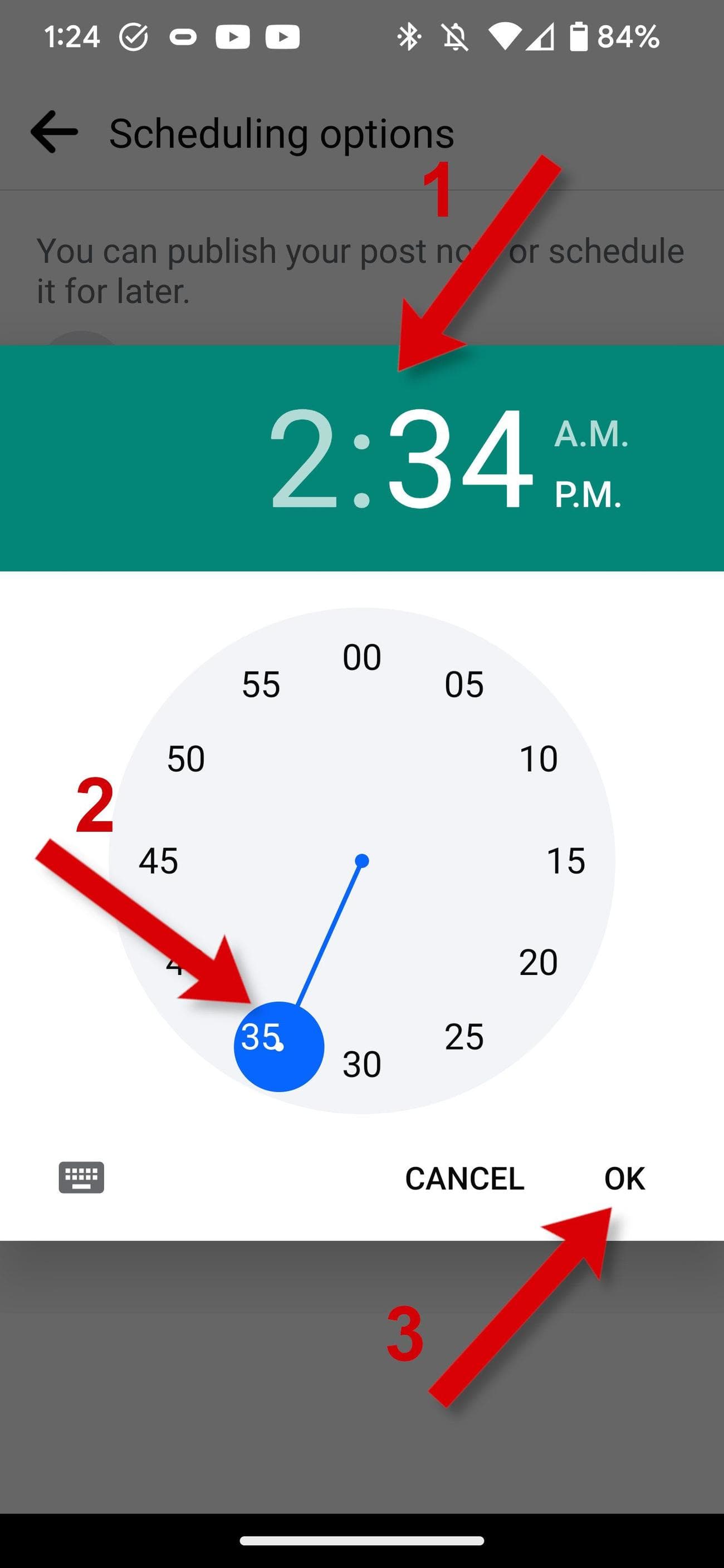 Η εφαρμογή Facebook δείχνει την επιλογή της ώρας μιας ανάρτησης σελίδας.