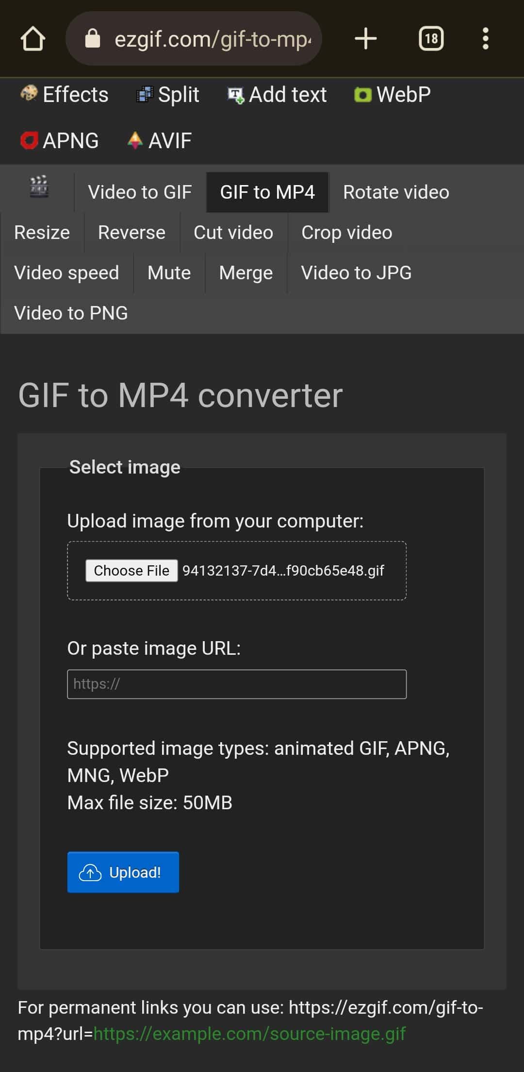 Μετατροπέας GIF σε MP4 στον ιστότοπο ezgif