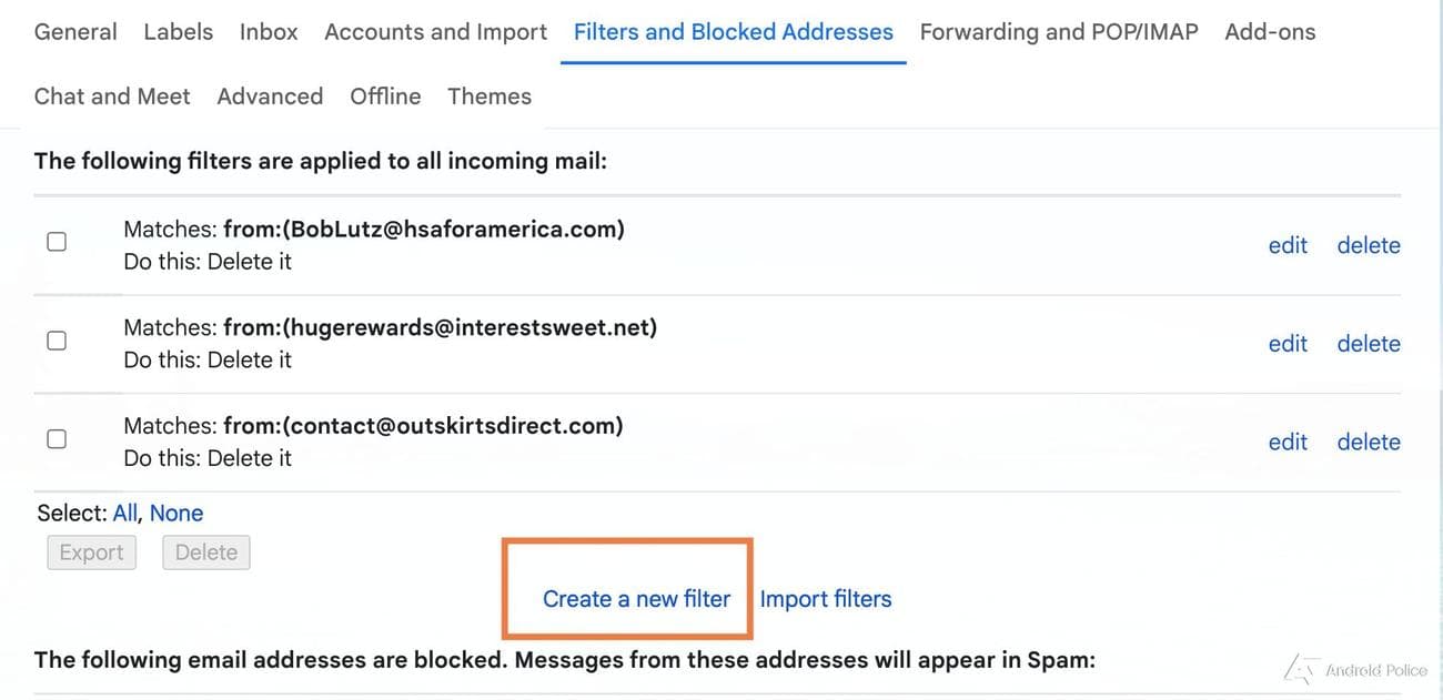 Το μενού φίλτρων στο gmail.