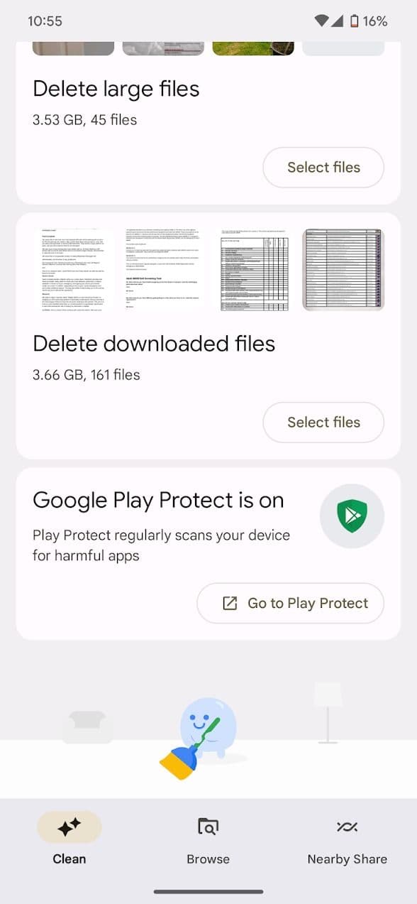 εφαρμογή αρχείων google που εμφανίζει επιλογές εκκαθάρισης
