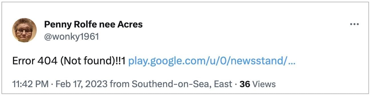 Ο χρήστης αναφέρει την ιστορία των Ειδήσεων Google Discover που τους οδηγεί στο 404 