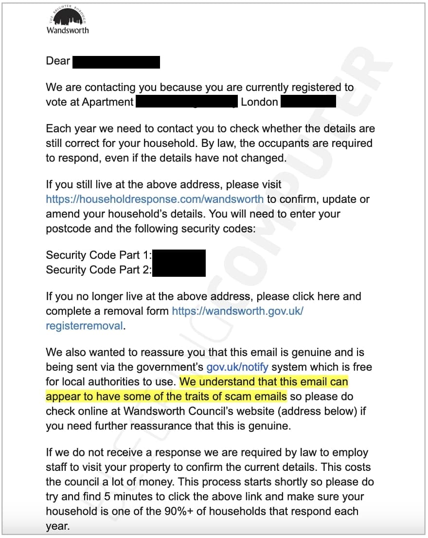 Ηλεκτρονικό ταχυδρομείο απαντήσεων σε νοικοκυριά που στάλθηκε από το Συμβούλιο Wandsworth στο Λονδίνο