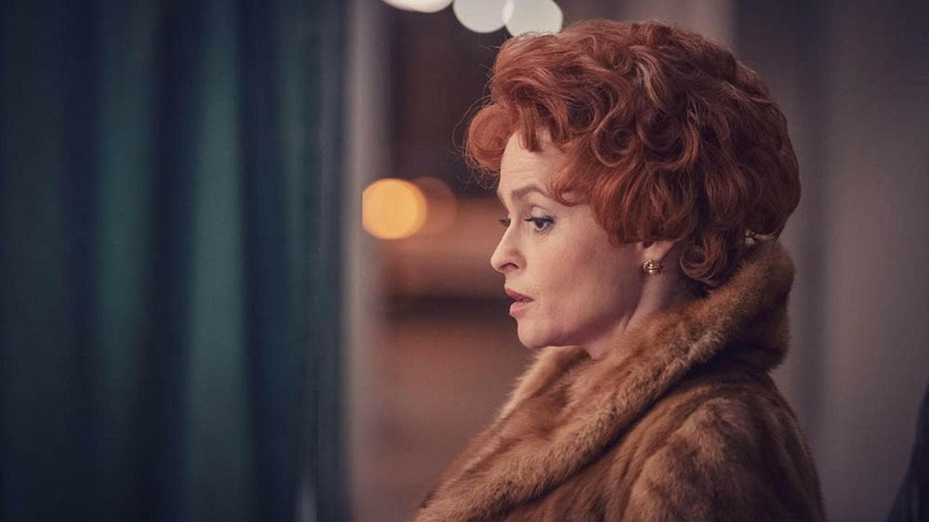 Helena Bonham Carter in a fur coat looks despondent in the show "Nolly"