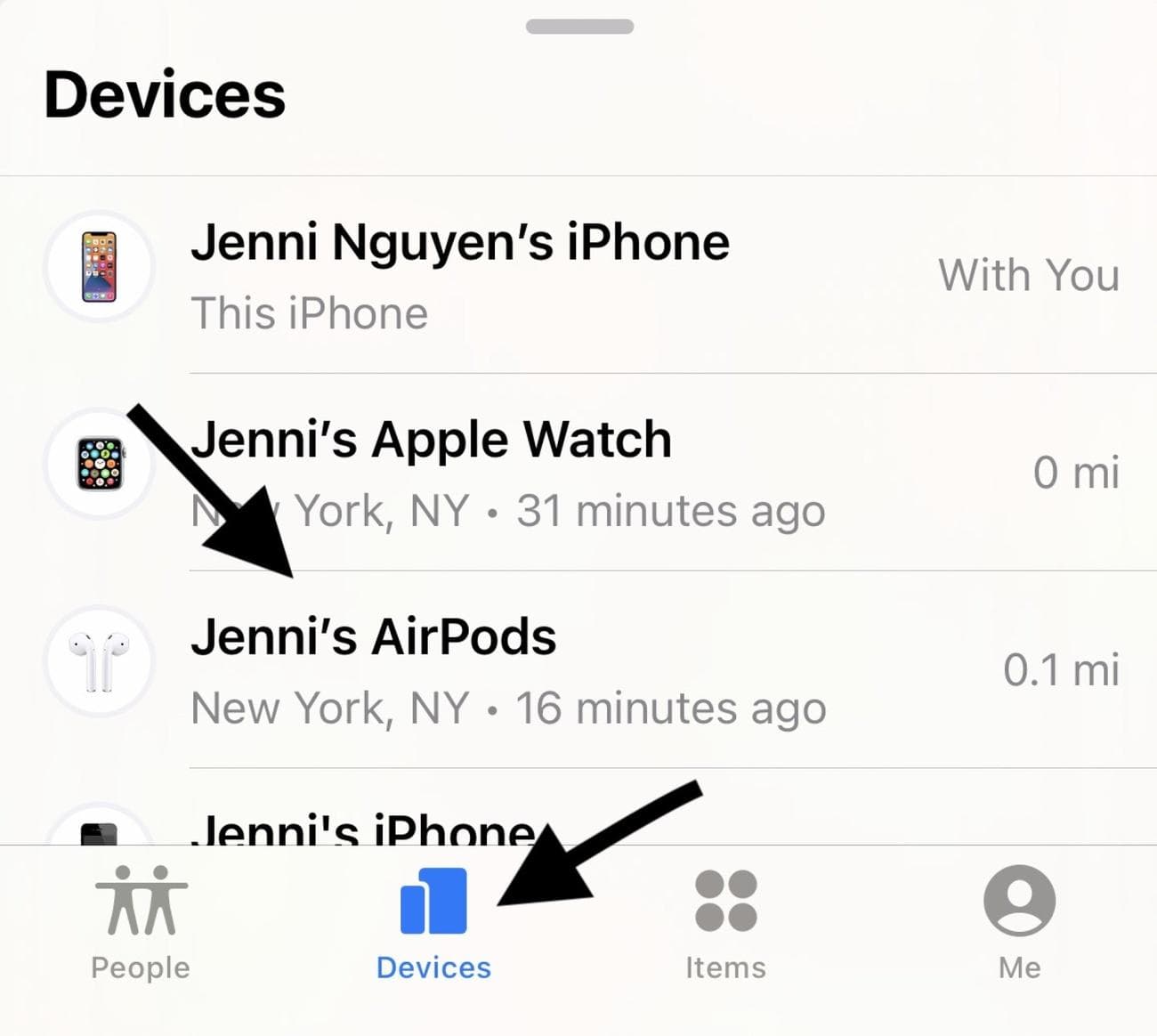 Στιγμιότυπο οθόνης της καρτέλας Συσκευές ενός iPhone. 