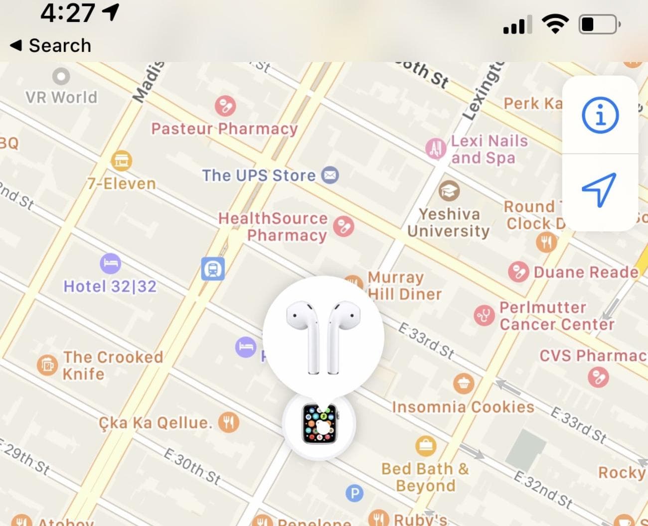 Στιγμιότυπο οθόνης του χάρτη της εφαρμογής Find My. 