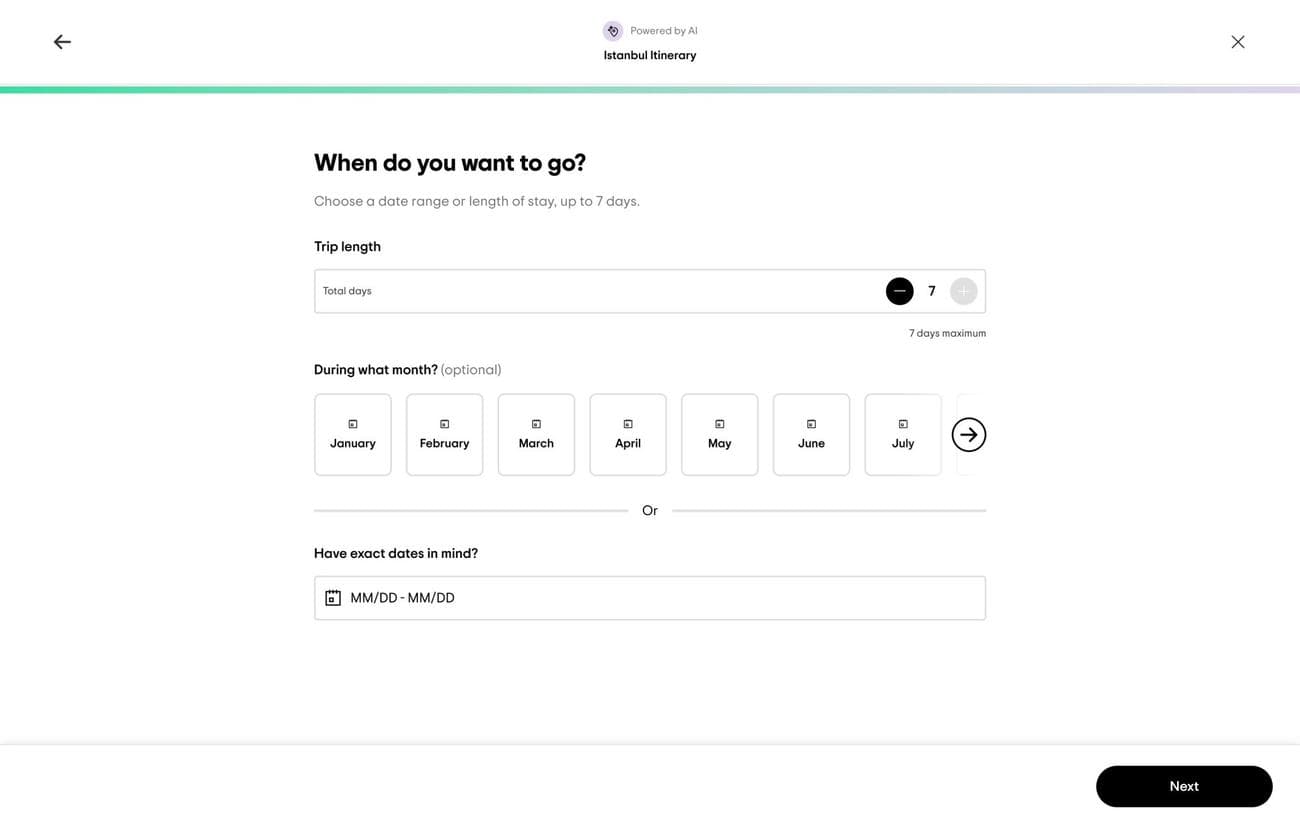 Το δρομολόγιο του Tripadvisor εμφανίζει επιλογές για τη διάρκεια του ταξιδιού και τις ημερομηνίες