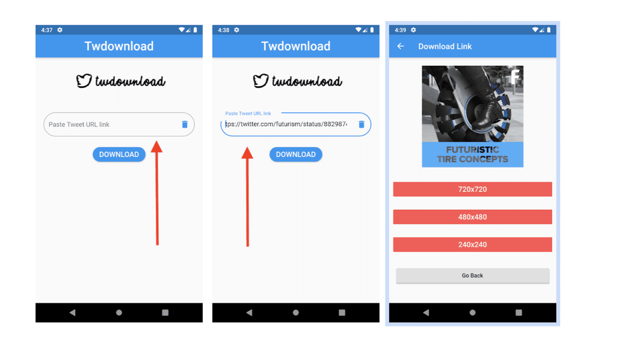Στιγμιότυπα οθόνης της εφαρμογής TWdownload για Android. 
