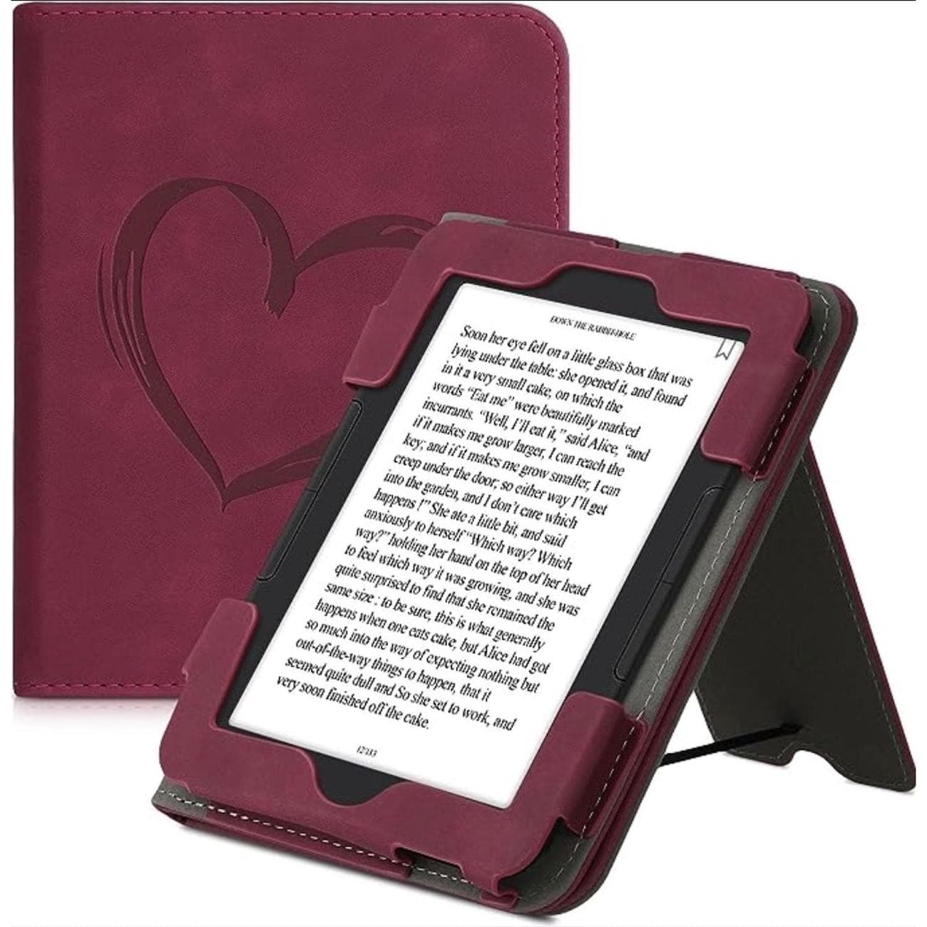 Κόκκινη θήκη kwmobile για Nook GlowLight 4:4e με σχέδιο καρδιάς σε λευκό φόντο 