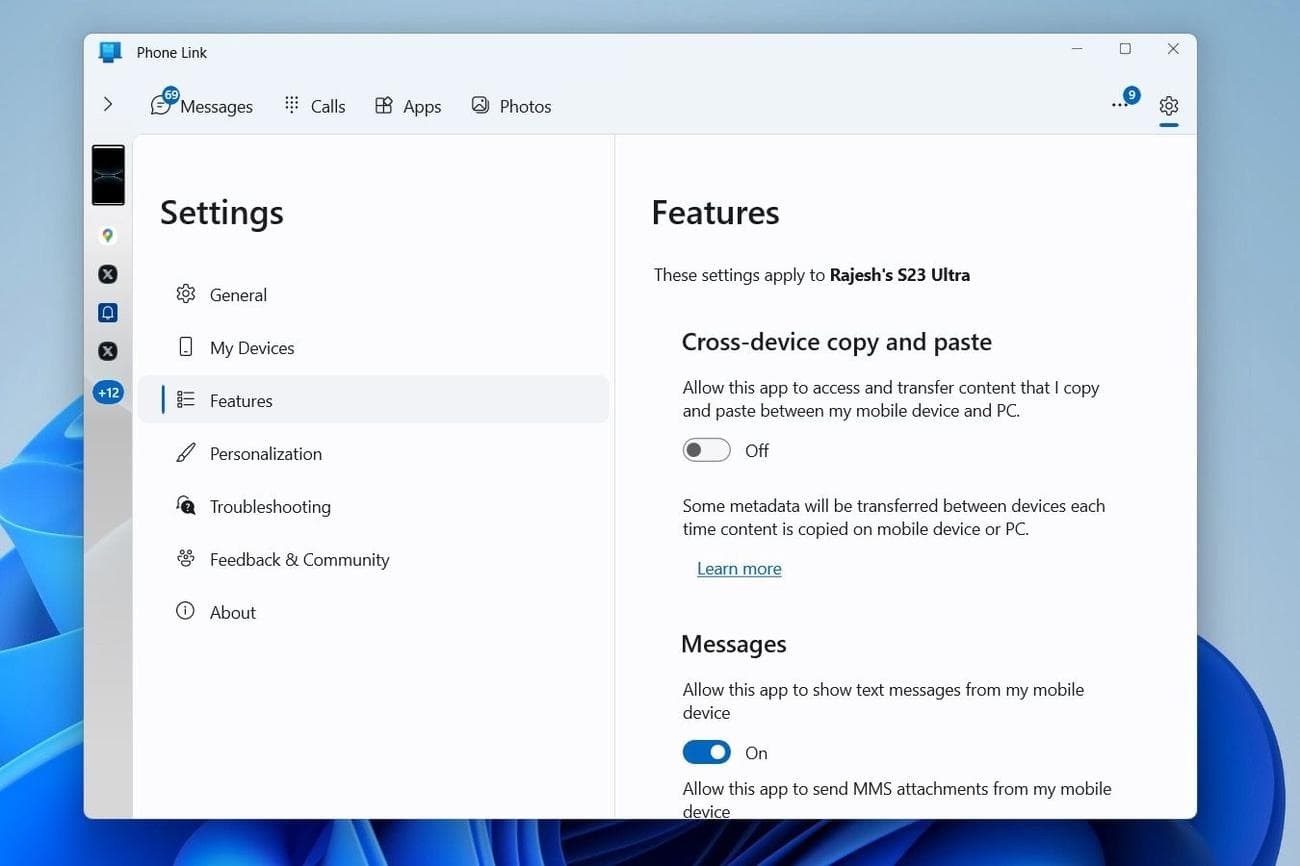 Αντιγραφή και επικόλληση μεταξύ συσκευών στο Phone Link