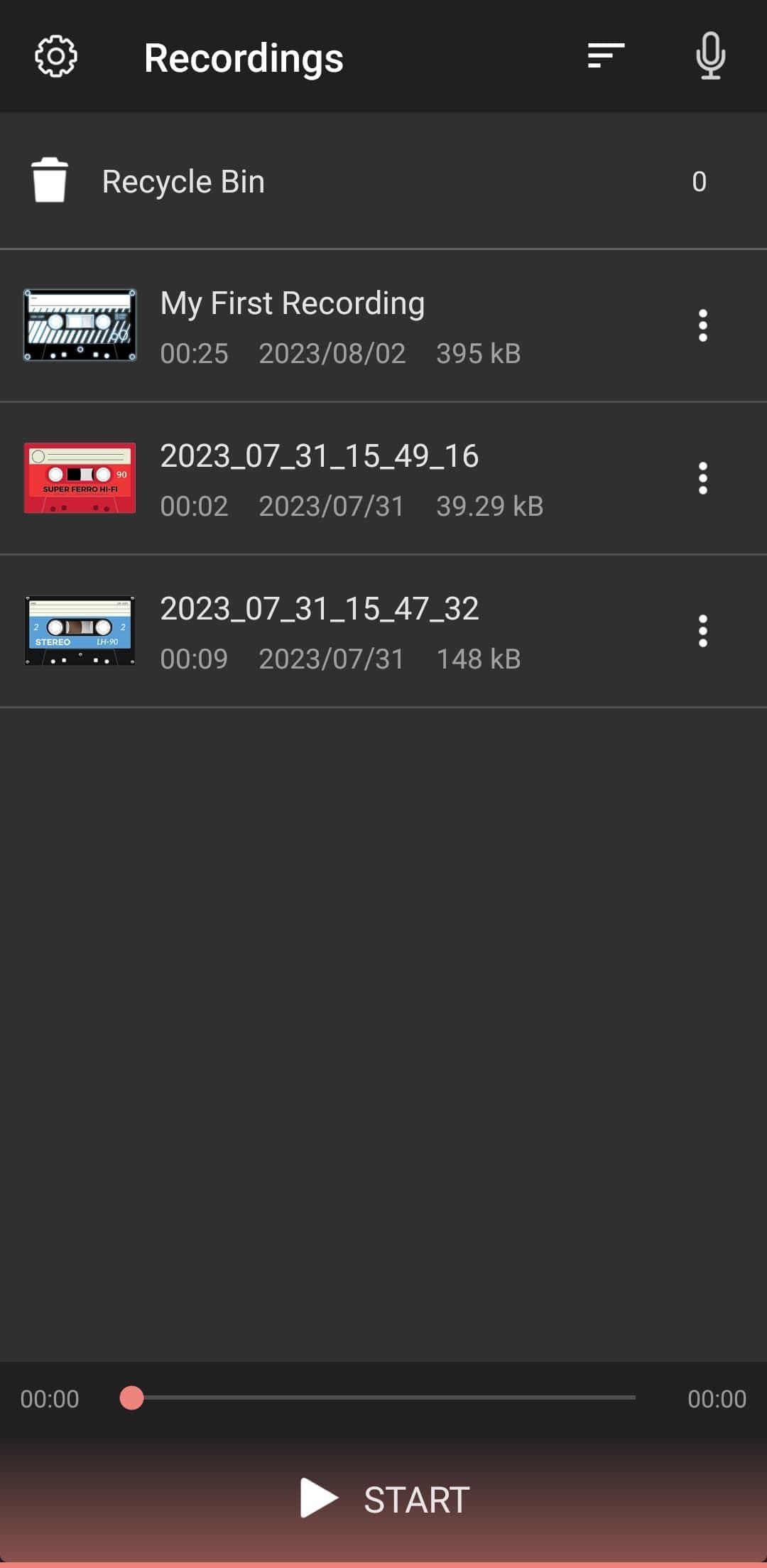 Μενού Ηχογραφήσεις στην εφαρμογή Εγγραφή φωνής και Επεξεργασία ήχου