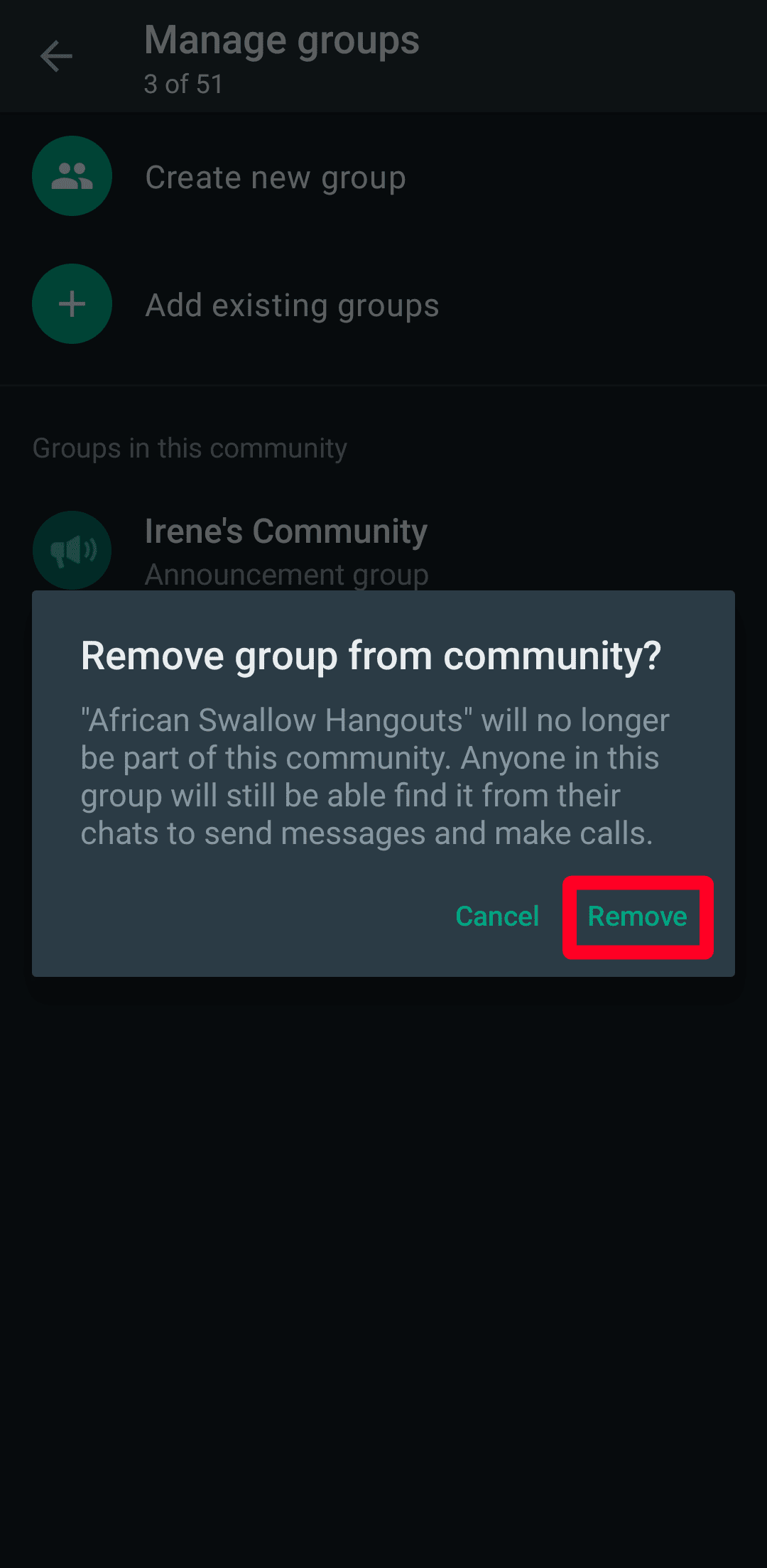remove group from WhatsApp community