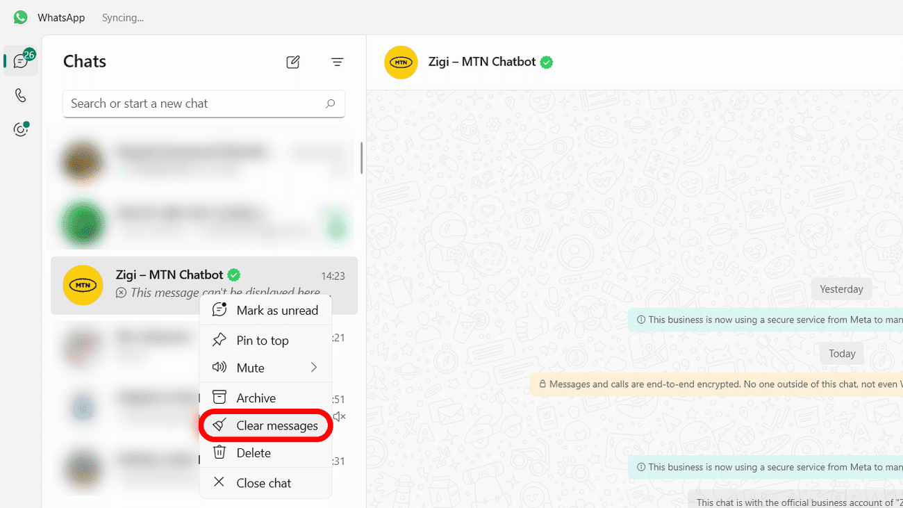 Εκκαθαρίστε μια συνομιλία στην επιφάνεια εργασίας WhatsApp