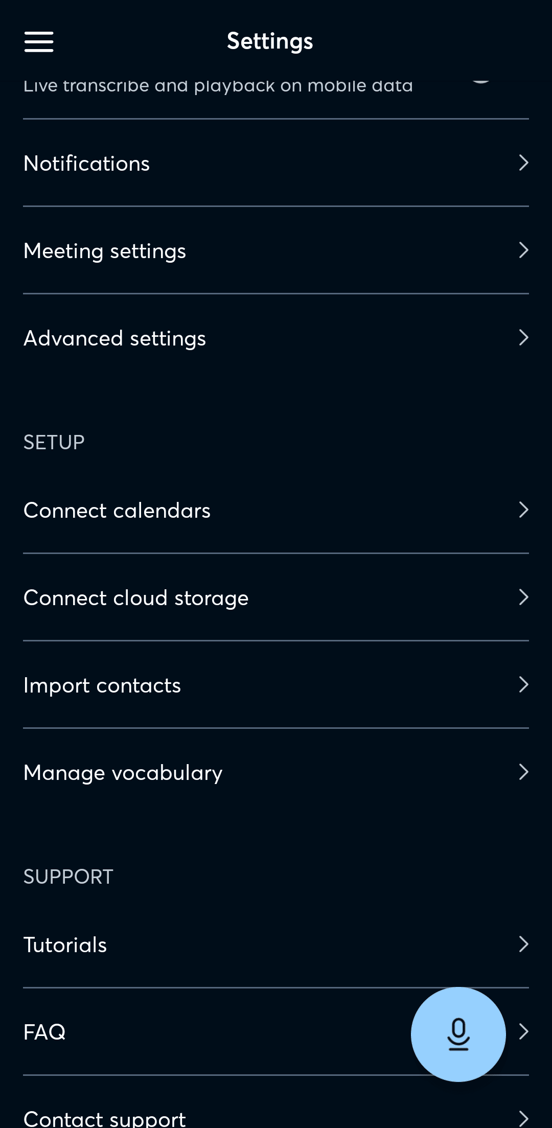 Μενού ρυθμίσεων στην εφαρμογή εγγραφής φωνής Otter AI