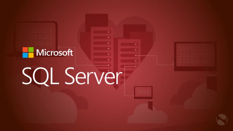 Microsoft SQL Server written on a red background with related graphics in the background