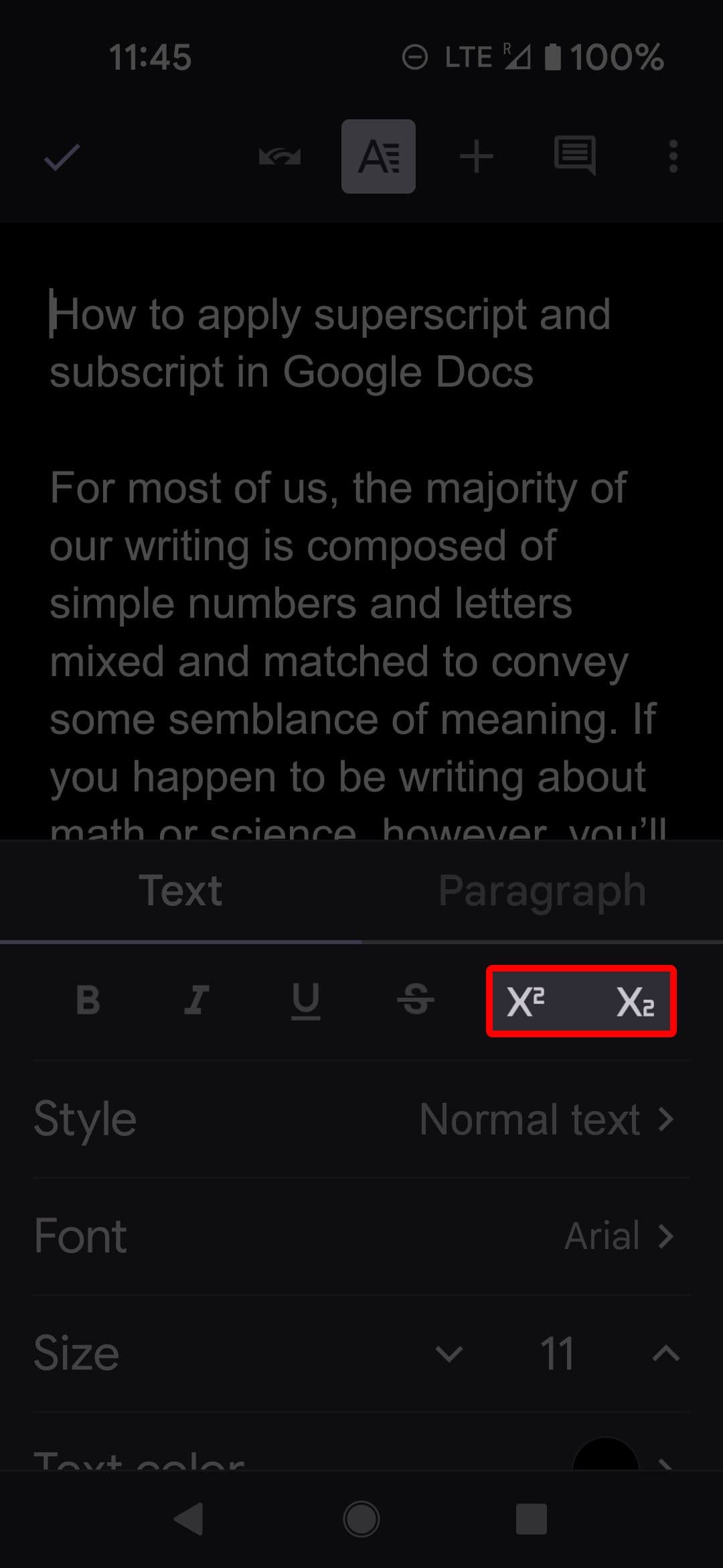 Οι επιλογές Superscript και Subscript στην εφαρμογή Google Docs για κινητά