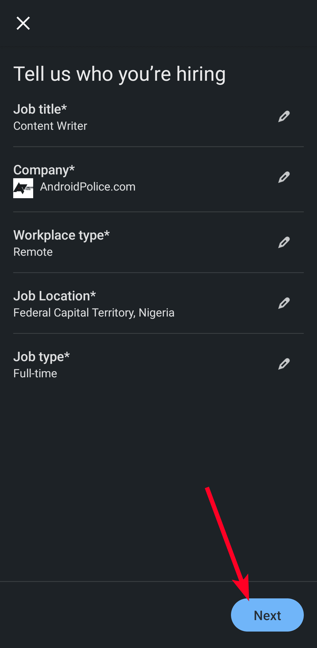 Συμπληρώστε τα πεδία για να επιλέξετε έναν τίτλο εργασίας και πληροφορίες για την εταιρεία σας στη σελίδα Πείτε μας ποιον προσλαμβάνετε