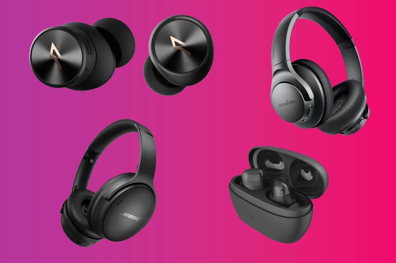 A variety of headphones on sale on a gradient background