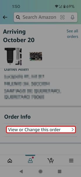 Πατήστε Προβολή ή Αλλαγή αυτής της παραγγελίας στην εφαρμογή Amazon για κινητά