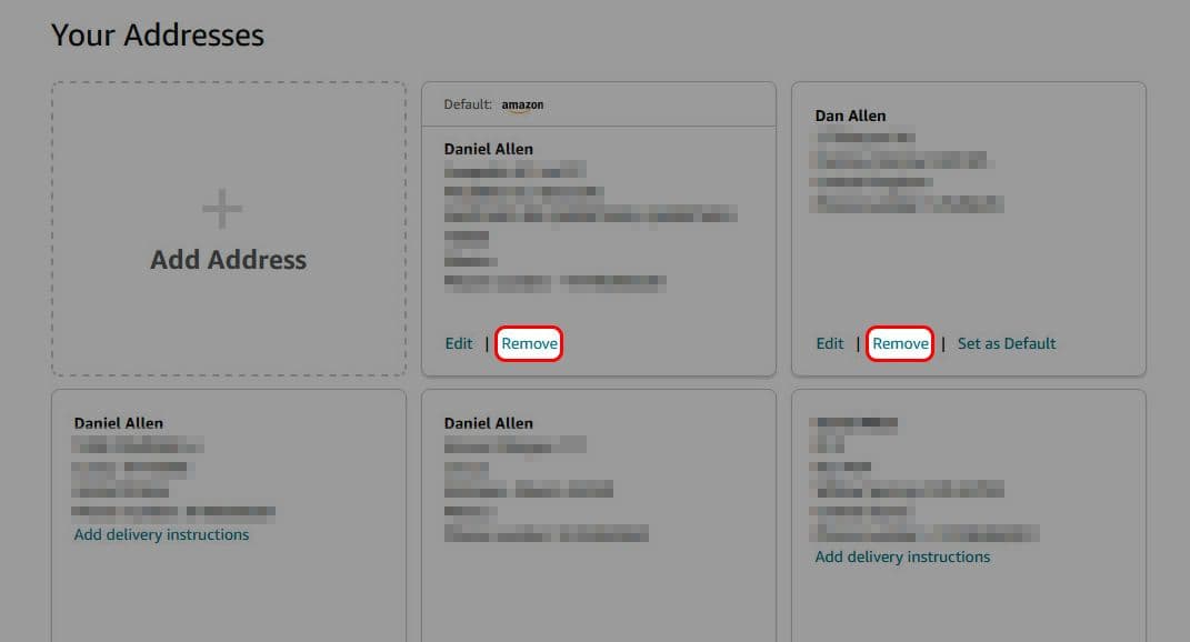 Βρείτε τη διεύθυνση που θέλετε να διαγράψετε από το Amazon και κάντε κλικ στην Κατάργηση στο κάτω μέρος