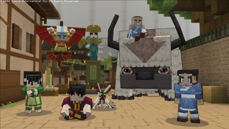 Characters from Minecrafts Avatar Legends DLC standing together