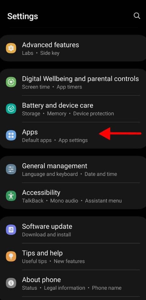 Μενού ρυθμίσεων Android με επιλεγμένες εφαρμογές