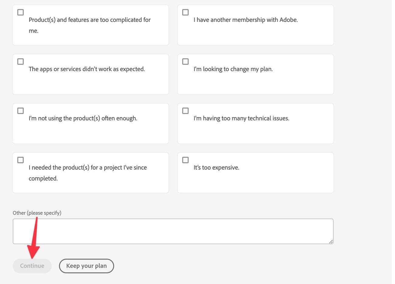 επιλέξτε τον λόγο ακύρωσης στο Adobe