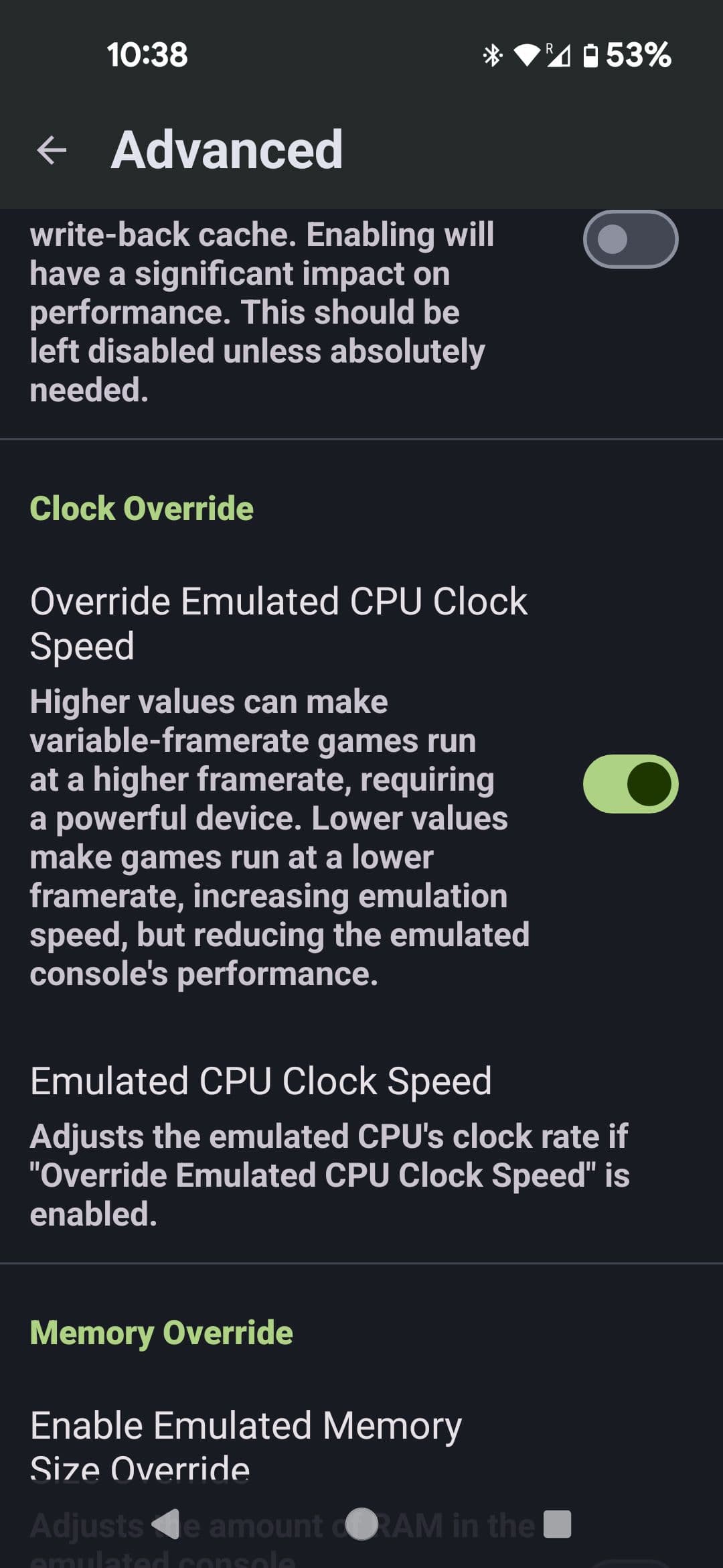 Dolphin Emulator mobile Advanced μενού