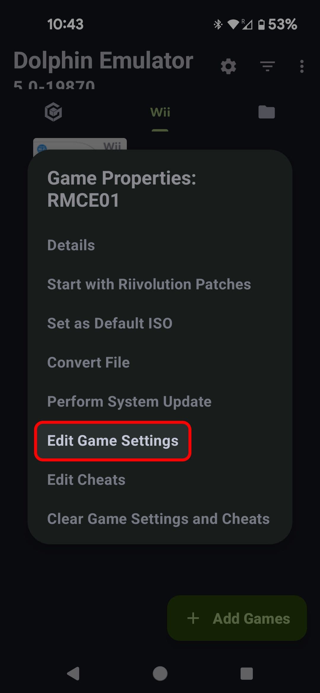Το μενού Ιδιότητες παιχνιδιών για φορητές συσκευές Dolphin Emulator επισημαίνει την επιλογή Επεξεργασία ρυθμίσεων παιχνιδιού