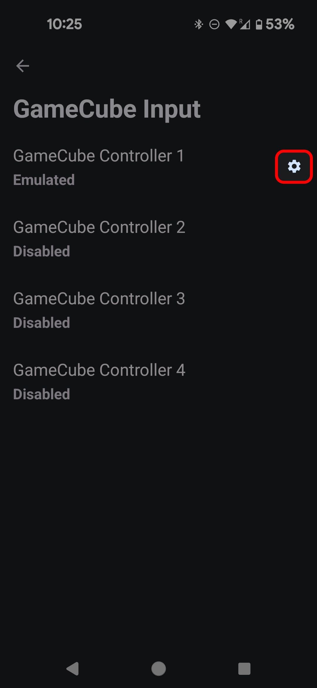 Μενού εισόδου GameCube για φορητές συσκευές Dolphin Emulator που επισημαίνει το εικονίδιο του οδοντωτού τροχού
