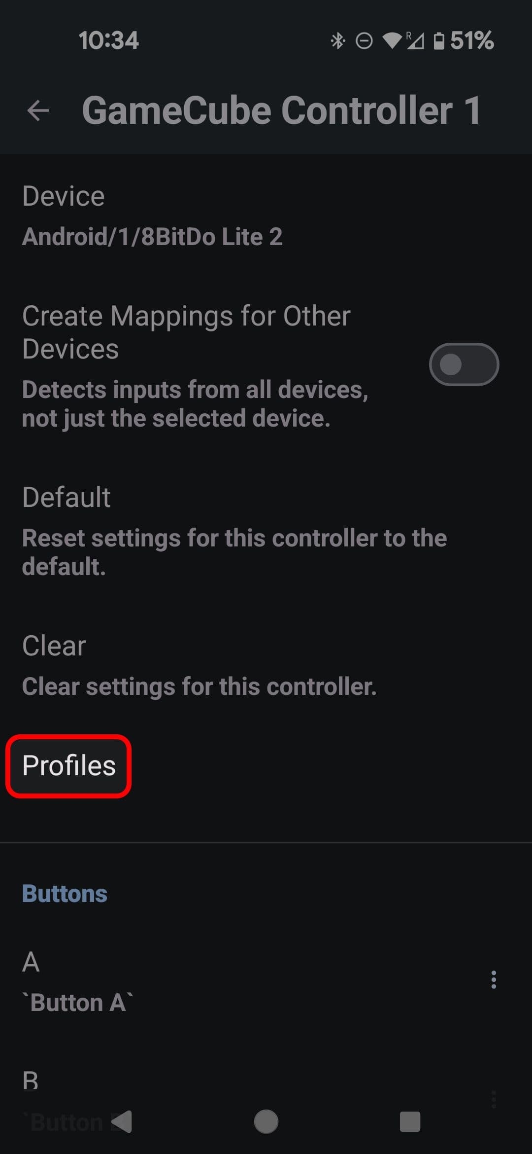 Το μενού GameCube Controller 1 του Dolphin Emulator για φορητές συσκευές επισημαίνει την επιλογή Προφίλ