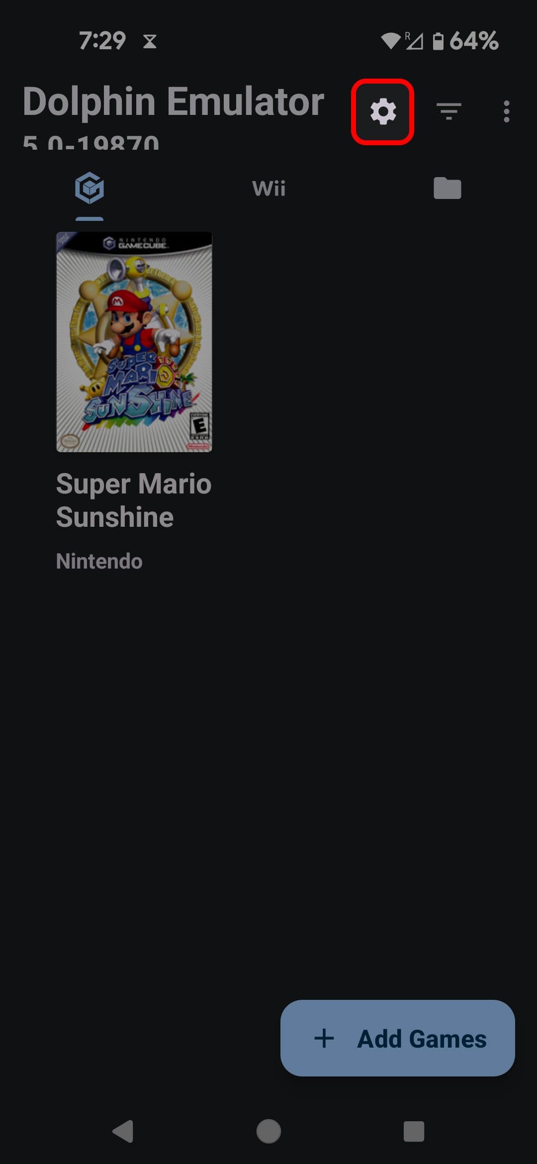 Αρχική οθόνη για φορητές συσκευές Dolphin Emulator που επισημαίνει το εικονίδιο του οδοντωτού τροχού