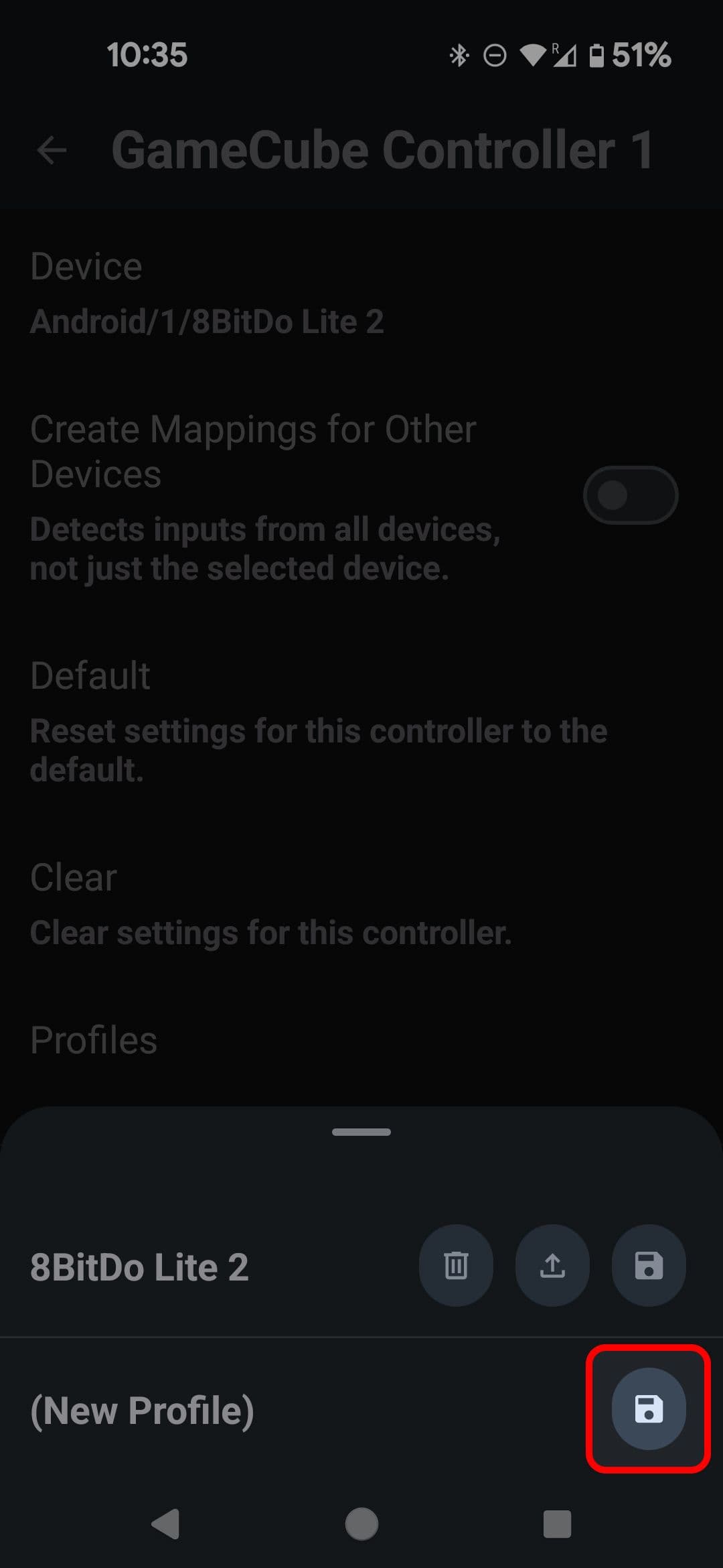 Διάλογος προφίλ νέου ελεγκτή για φορητές συσκευές Dolphin Emulator που επισημαίνει το εικονίδιο της δισκέτας