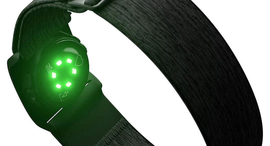 Παρακολούθηση γυμναστικής Polar Verity που δείχνει τα πράσινα LED για τον αισθητήρα PPG