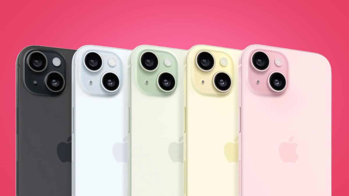iPhone 15 lineup on a pink background