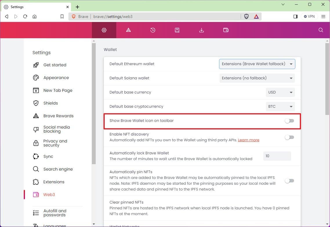 Show Brave Wallet icon