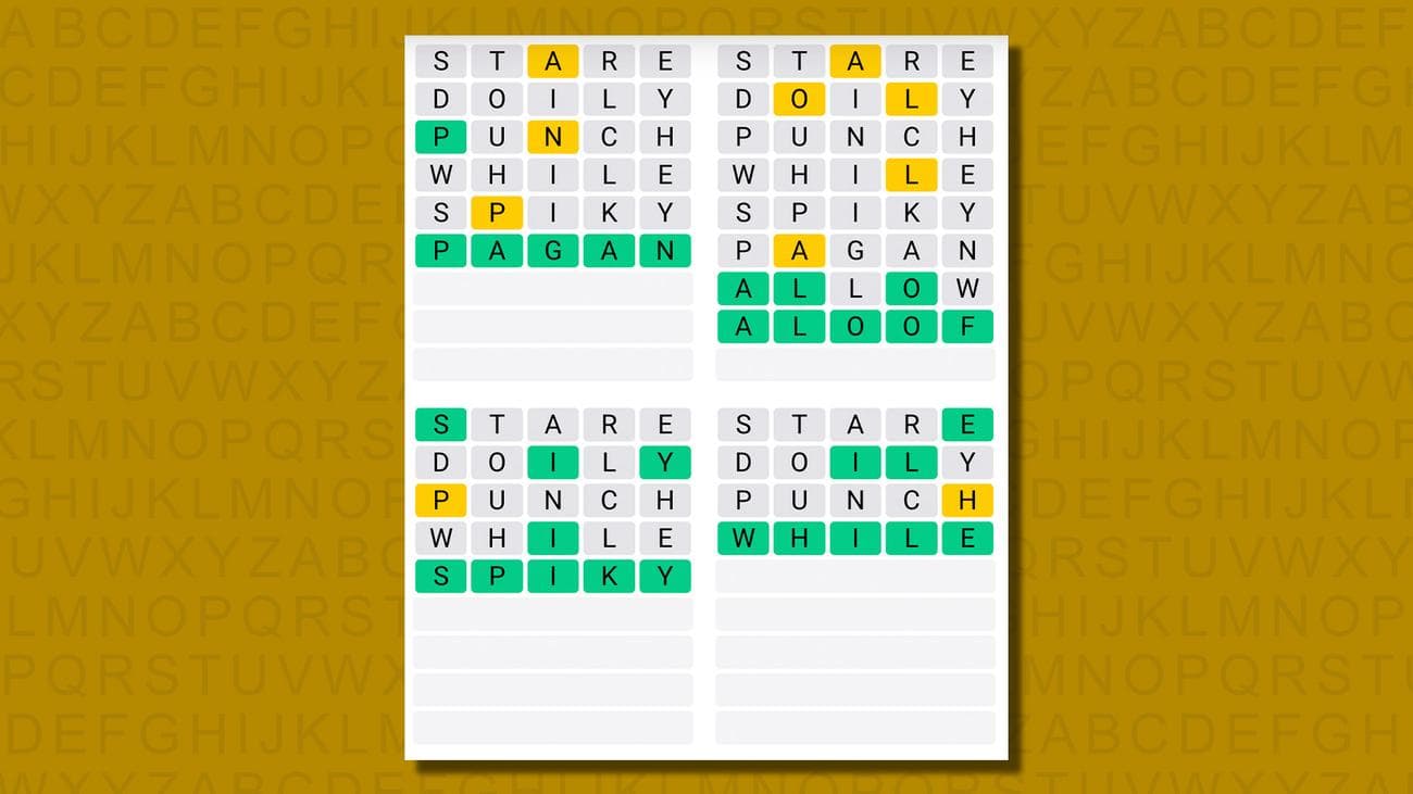 Quordle απαντήσεις για το παιχνίδι 621 σε κίτρινο φόντο