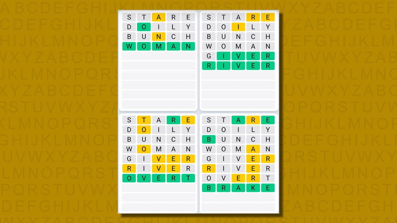 Quordle καθημερινές απαντήσεις ακολουθίας για το παιχνίδι 643 σε κίτρινο φόντο