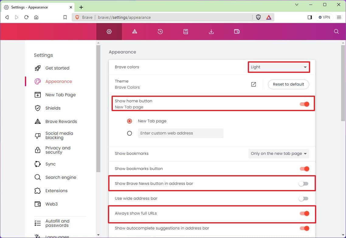 Brave appearance settings suggestions