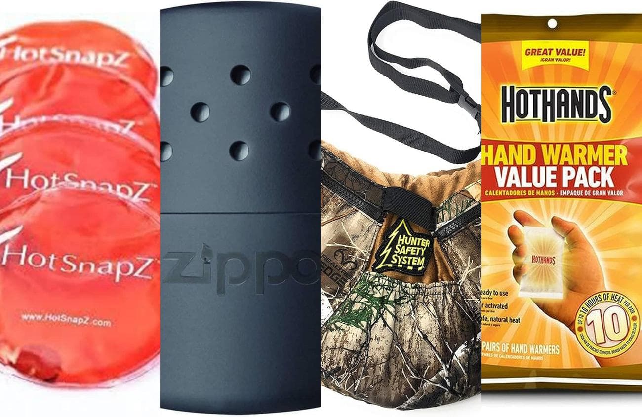 Four different hand warmers separated into fourths on a plain background