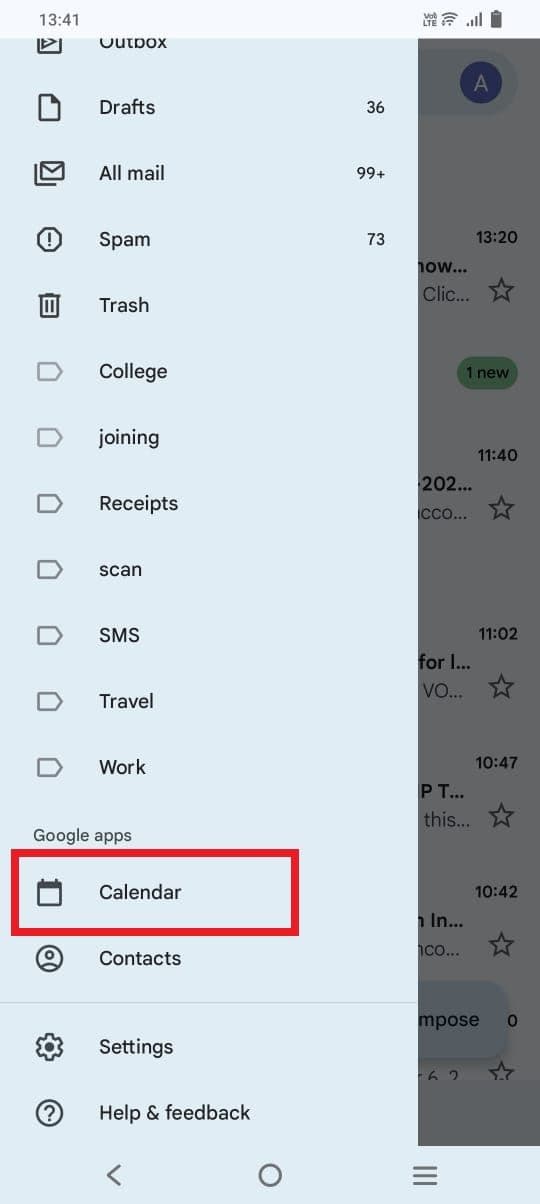Στιγμιότυπο οθόνης που επισημαίνει την εφαρμογή Ημερολόγιο Google στην εφαρμογή Gmail