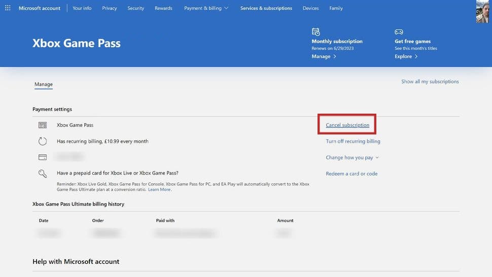 Η σελίδα Xbox Game Pass της Microsoft εμφανίζει διάφορες επιλογές, με τονισμένο το κουμπί Ακύρωση συνδρομής.