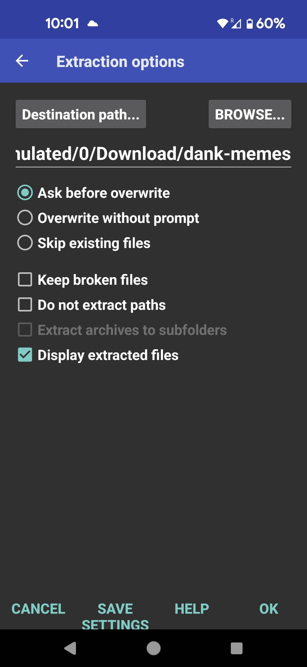 Μενού επιλογών εξαγωγής εφαρμογής RAR
